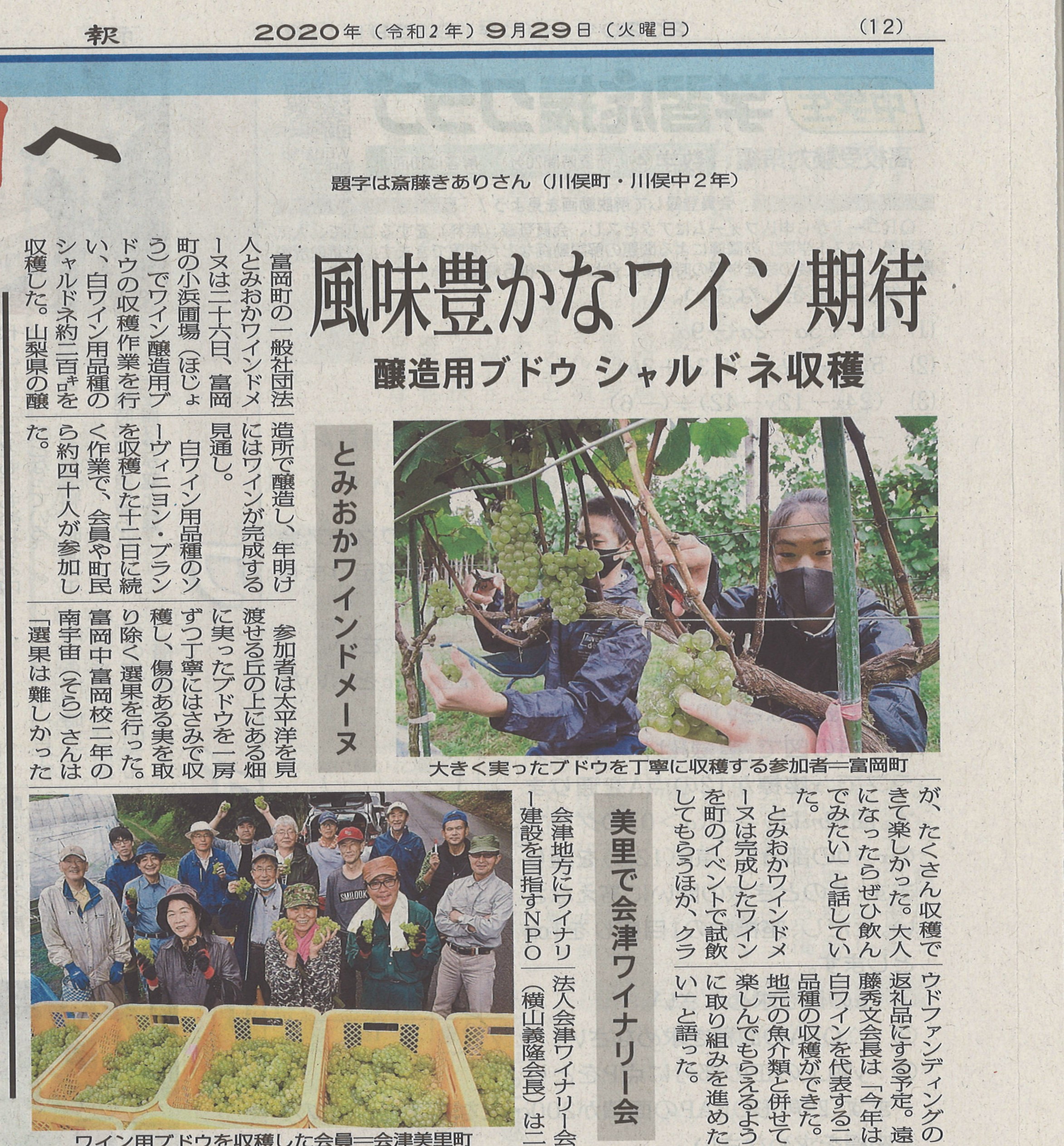 ワインぶどう収穫の様子が【福島民報】に掲載されました。の画像