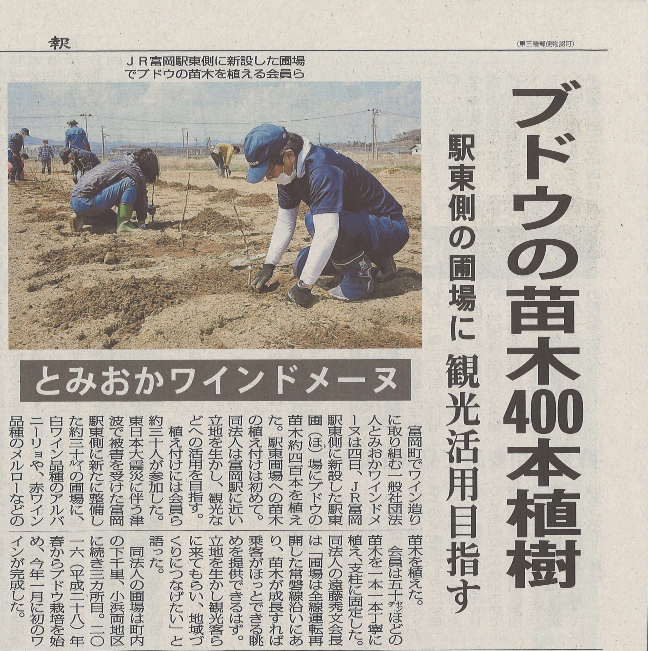 富岡ワインの苗木の植樹活動が福島民報に掲載されました。の画像